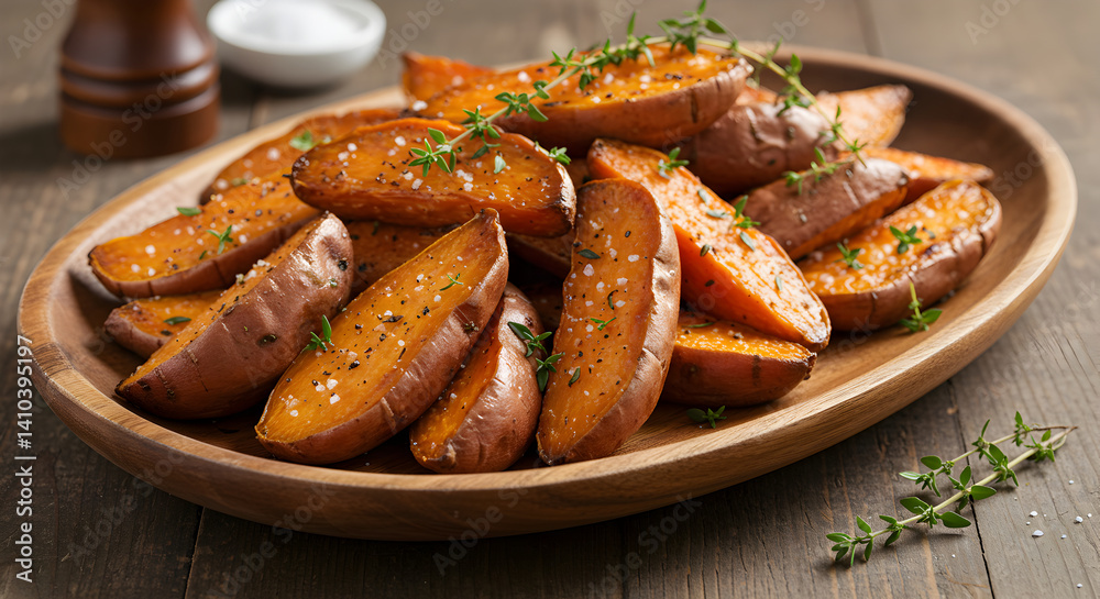 Roasted Sweet Potato Wedges with Thyme and Sea Salt on Wooden Tray Roasted Sweet Potato Wedges with Thyme and Sea Salt on Wooden Tray