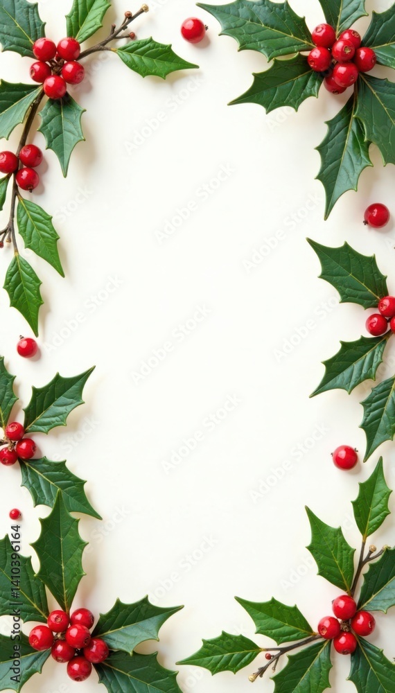 Snowflake border with festive holly leaves and red berries surrounding a white or cream-colored background , snowy, snowflakes Snowflake border with festive holly leaves and red berries surrounding a white or cream-colored background , snowy, snowflakes