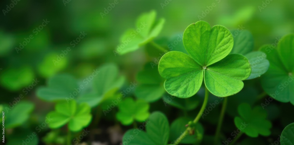 Vibrant green four-leaf clover surrounded by lush foliage in a natural setting, nature, garden Vibrant green four-leaf clover surrounded by lush foliage in a natural setting, nature, garden