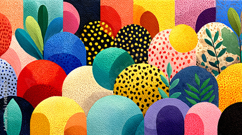 A vibrant, abstract artwork featuring colorful shapes and patterns, blending circles and leaves in a playful, artistic composition.