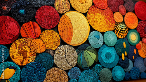 A vibrant arrangement of textured, colorful circular patterns resembling abstract art, featuring various shades and designs.