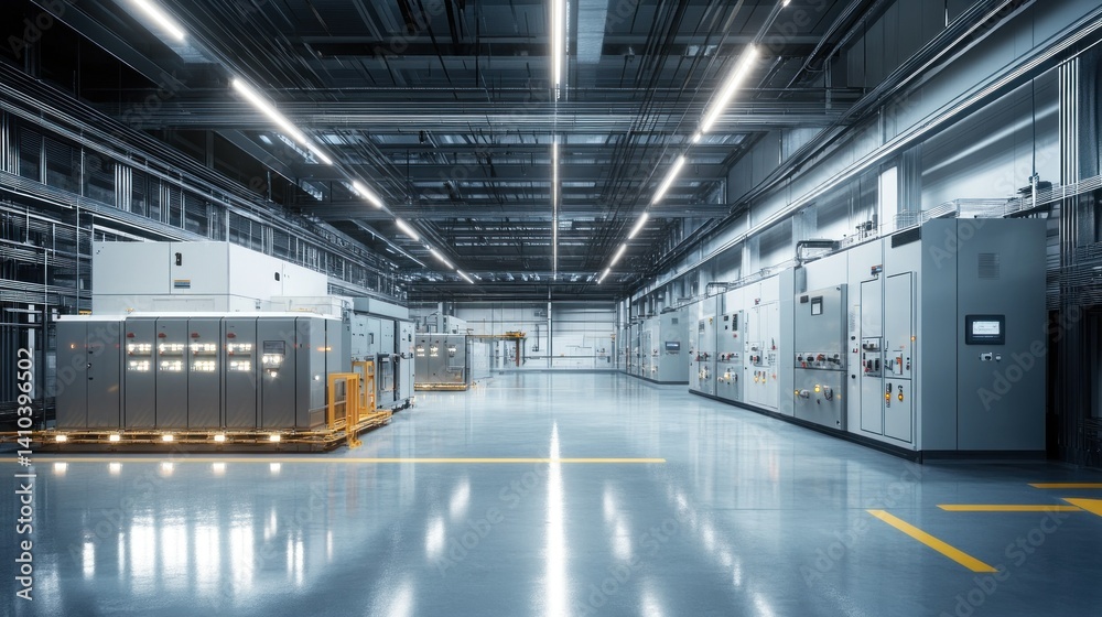 Fototapeta premium A well lit industrial facility showcasing large electrical control equipment