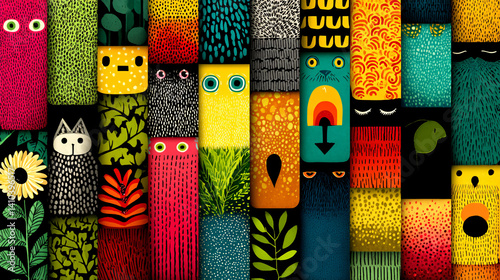 A vibrant, abstract collage of colorful faces and patterns, featuring playful characters with diverse expressions and textures.