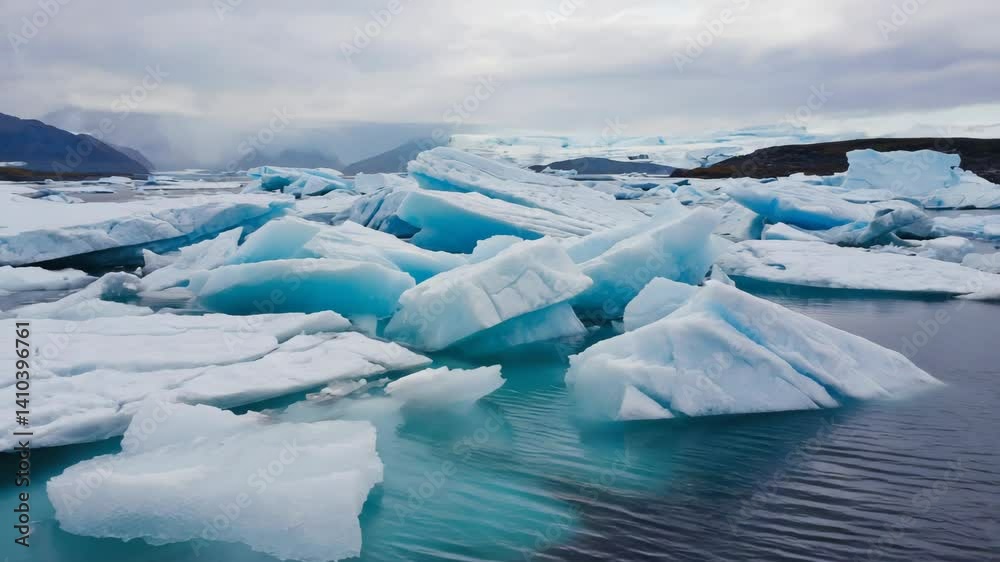Chunks of icy glaciers float on a frigid arctic water landscape on an overcast day with mountain backdrop
