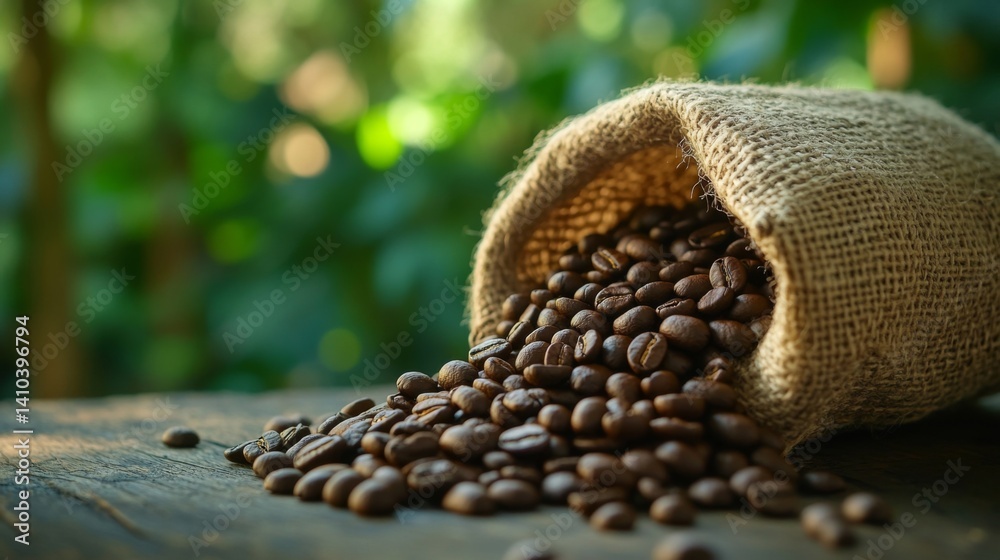 Freshly roasted coffee beans spill from a rustic burlap sack. The natural background enhances the organic feel. Experience the aroma of freshly brewed coffee. Generative AI