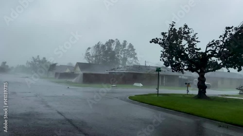 Extremely strong hurricane force winds blowing against houses. Extreme weather due to climate change.