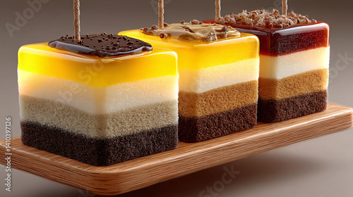 Colorful layered jelly desserts displayed on a wooden platter, featuring distinct layers of yellow, cream, brown, and black, topped with chocolate.