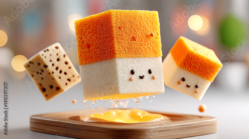 Colorful, cartoonish sponges float above a wooden surface, resembling dessert. They have cute faces and are surrounded by a playful, vibrant atmosphere.