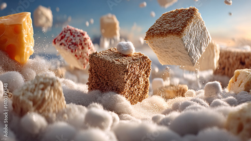 A surreal scene of floating, textured confectionery amidst fluffy clouds, capturing a whimsical and dreamlike atmosphere.