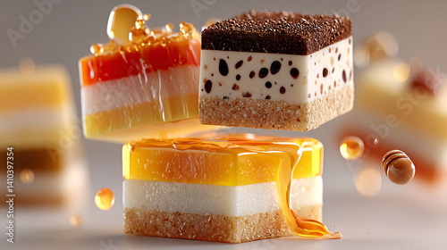 A vibrant display of layered desserts topped with honey, showcasing an enticing mix of colors and textures.