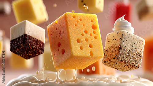A vibrant display of floating, colorful sponge cakes with creamy toppings, creating a whimsical and delicious scene.