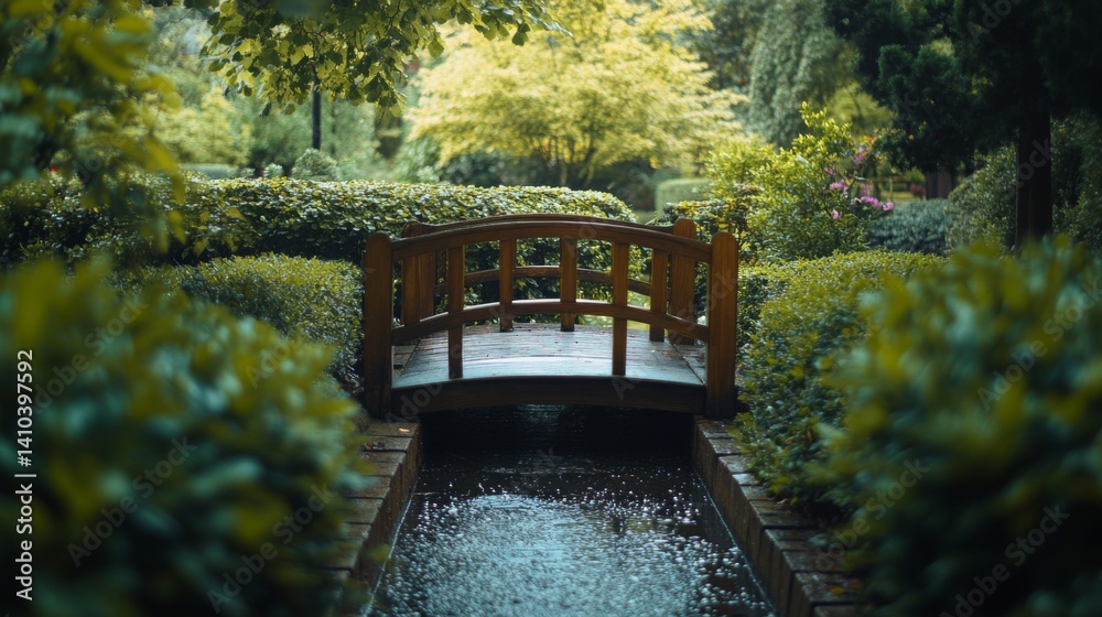 A serene garden scene featuring a wooden bridge over gentle waters. Lush greenery surrounds the bridge creating a peaceful oasis. Nature inspires tranquility. Generative AI
