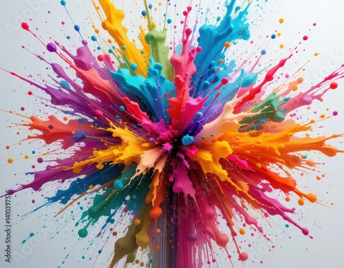 A vibrant and dynamic explosion of paint bursts forth in a kaleidoscope of colors, with splashes of red, blue, yellow, and green swirling together, creating an energetic and artistic display.