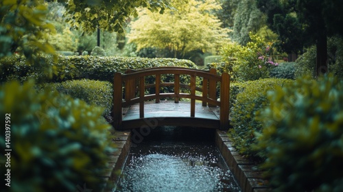 Obraz na płótnie A serene garden scene featuring a wooden bridge over gentle waters. Lush greenery surrounds the bridge creating a peaceful oasis. Nature inspires tranquility. Generative AI w salonie