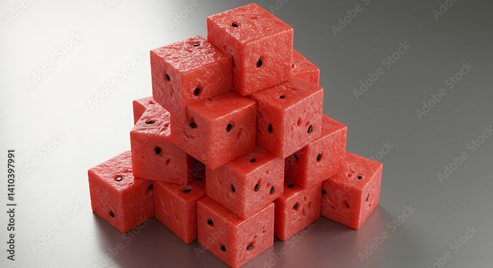 Stacked Watermelon Cubes Forming a Pyramid on a Smooth Surface Stacked Watermelon Cubes Forming a Pyramid on a Smooth Surface