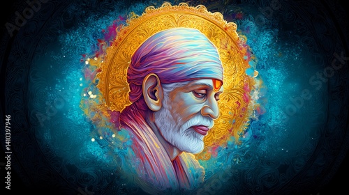Spiritual Side Portrait of Sai Baba of Shirdi With Radiant Golden Halo, Symbolizing Peace, Enlightenment, and Sacred Devotion