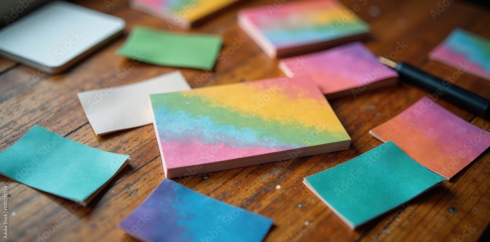 Colorful business cards scattered on a wooden desk, office, organization, colorful Colorful business cards scattered on a wooden desk, office, organization, colorful