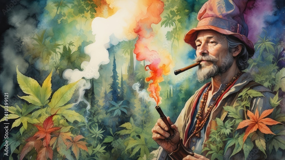 Fototapeta premium A watercolor illustration featuring a traditional wooden smoking pipe with swirling smoke rising from it.