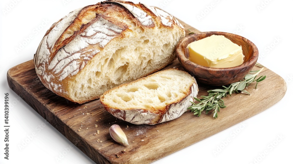 Freshly baked bread on a wooden board with creamy butter and herbs. It invites you to indulge in comfort food. Savor the delicious combination of flavors. Generative AI