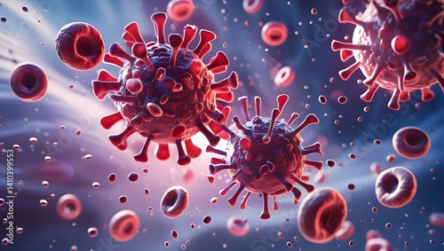 3D Illustration of Virus and Red Blood Cells in the Human Body