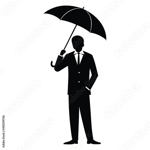 a clean black silhouette vector illustration of a person in a suit holding an umbrella 