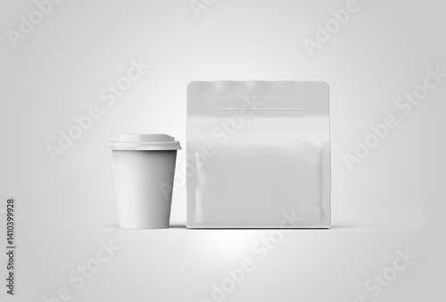 Black coffee bag mockup on white background.Elegant white coffee cup mockup with a blank sleeve