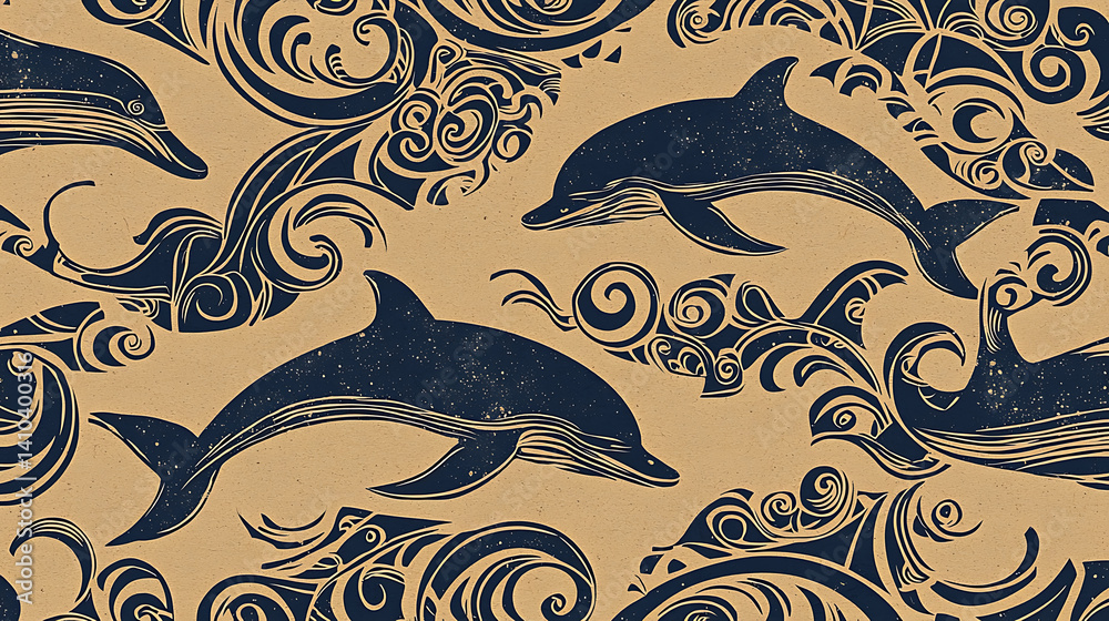 Naklejka premium Seamless pattern with dolphins and stylized waves in blue colors on a beige background.