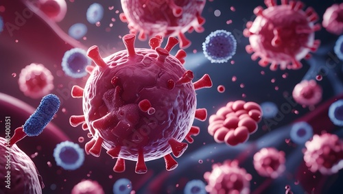 3D Illustration of Virus and Red Blood Cells in the Human Body