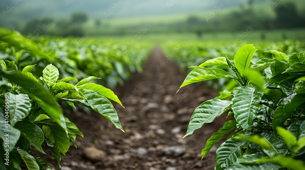 A row of green plants with leaves on the ground