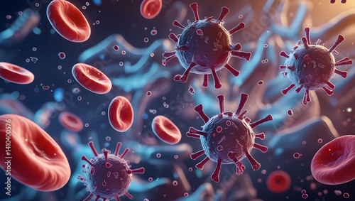 3D Illustration of Virus and Red Blood Cells in the Human Body