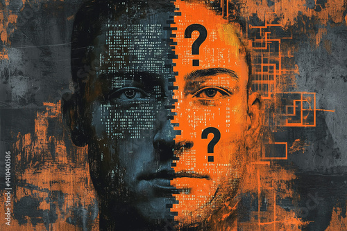 Artificial Intelligence Identity Crisis, Half Human, Half Digital Face
