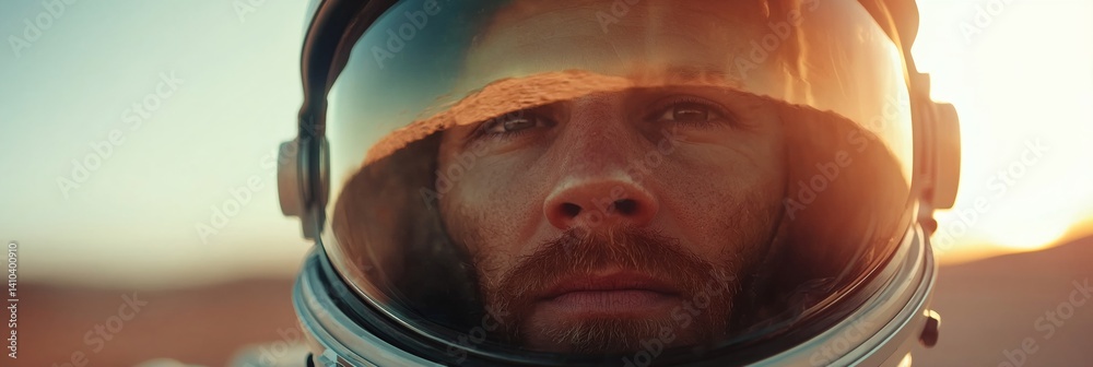 a man in a space suit looking at the camera with a sun in the background