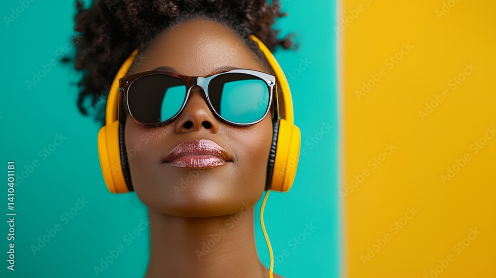 A woman wearing yellow headphones and sunglasses