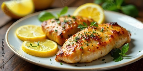 Crispy roasted chicken breast on a plate with citrus slices, herbs, and a side of lemon wedges, zesty marinade, dinner