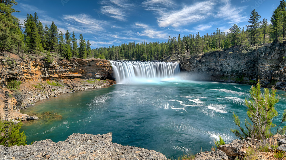 Fototapeta premium Scenic Waterfall Cascading Into Turquoise Pool In Forest