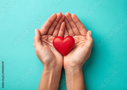 Hands holding red heart symbol on teal background – concept of love, care, and support