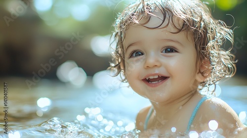 A baby is smiling and splashing in the water