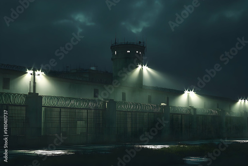 A foreboding prison complex under a dark, stormy sky.