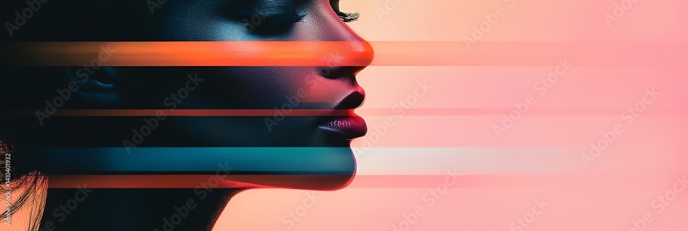 A woman's face is shown in a blurry image with a pink background