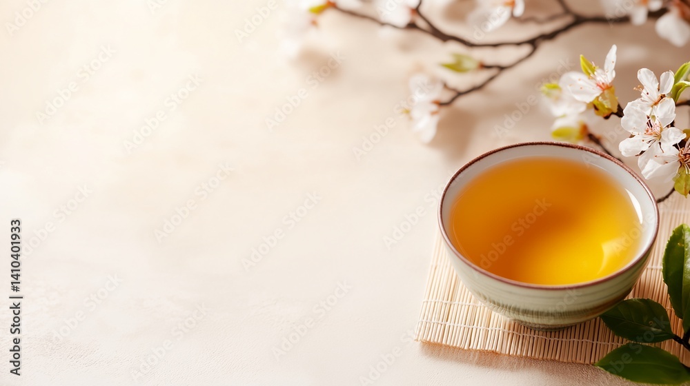 A cup of tea is on a table next to a flower