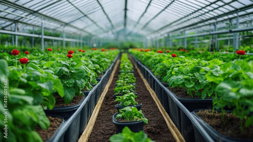Lush Greenhouse with Rows of Vibrant Plants and Bright Red Strawberries Under Clear Glass Roof Lush Greenhouse with Rows of Vibrant Plants and Bright Red Strawberries Under Clear Glass Roof