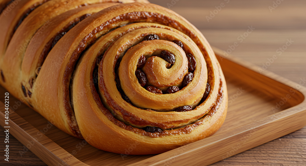 Fototapeta premium Freshly Baked Raisin Swirl Bread Roll Displayed on Wooden Serving Tray