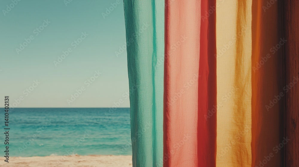 A colorful curtain hangs over the ocean