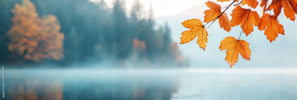 a tree branch with leaves hanging over a lake with a foggy background