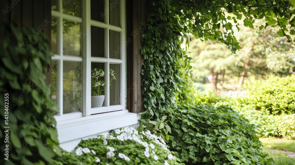 a window with a plant growing on it
