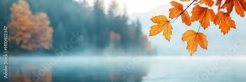 Obraz na płótnie a tree branch with leaves hanging over a lake with a foggy background w salonie