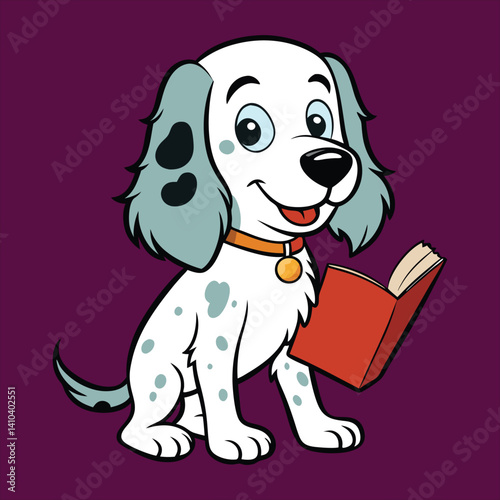 Cute  English Setter   with Book Cartoon