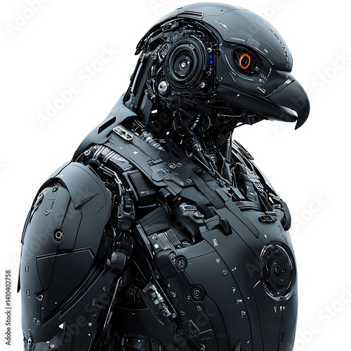 A robotic hawk-like figure with intricate mechanical details featuring an orange eye set against a stark white background.