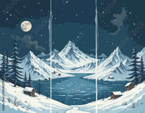 Vector Set of 3 winter season landscapes. Arctic Polar Ocean Northern European Winter Poster. Trendy handmade drawing vector illustration.