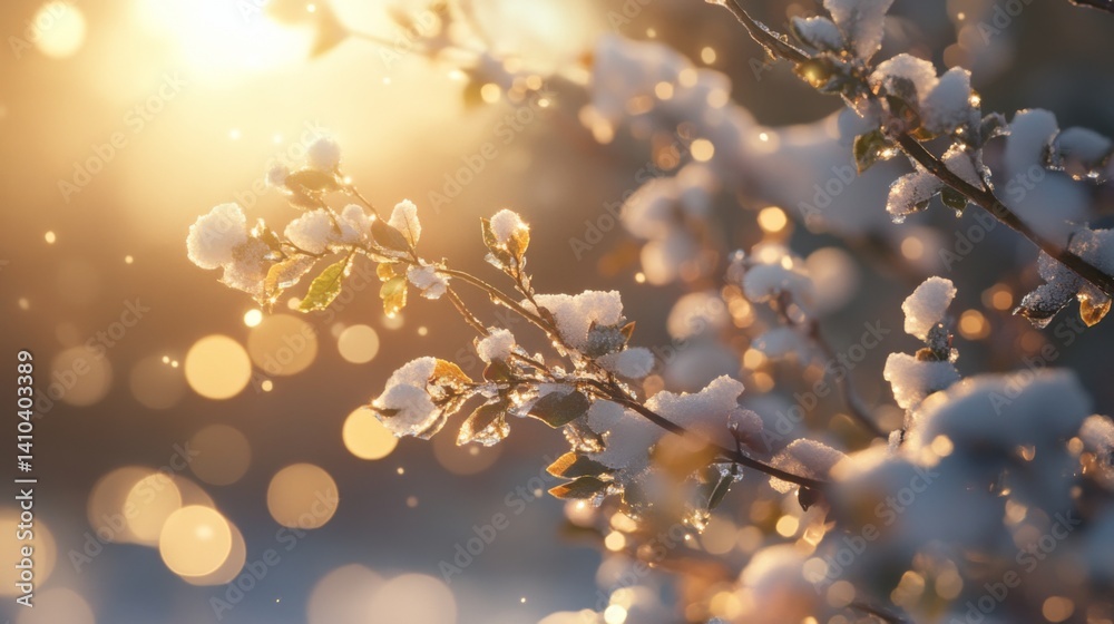 Fototapeta premium A serene winter scene featuring snow-dusted branches. The soft glow of sunlight highlights the beauty of nature in a magical atmosphere. Generative AI